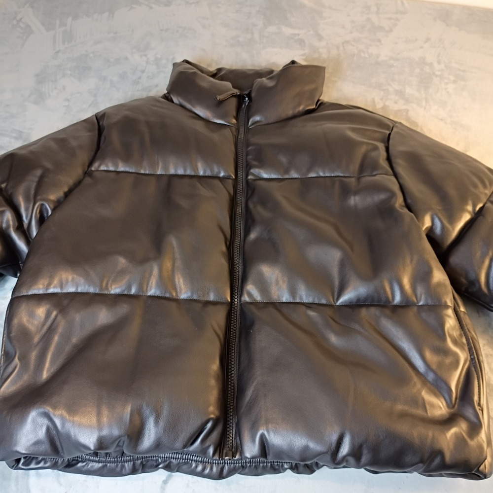 Old Navy Mens Faux Leather Puffer Jacket Blck Quilted Zip Up Coat 2X Heavyweight